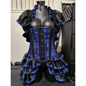 Elegant Blue and Black Corset Skirt and Bolero Burlesque Goth Steampunk